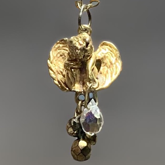 Vintage Kirks Folly Gold Tone Sitting Cherub With Crystal Drops Necklace, 34" - Picture 1 of 9